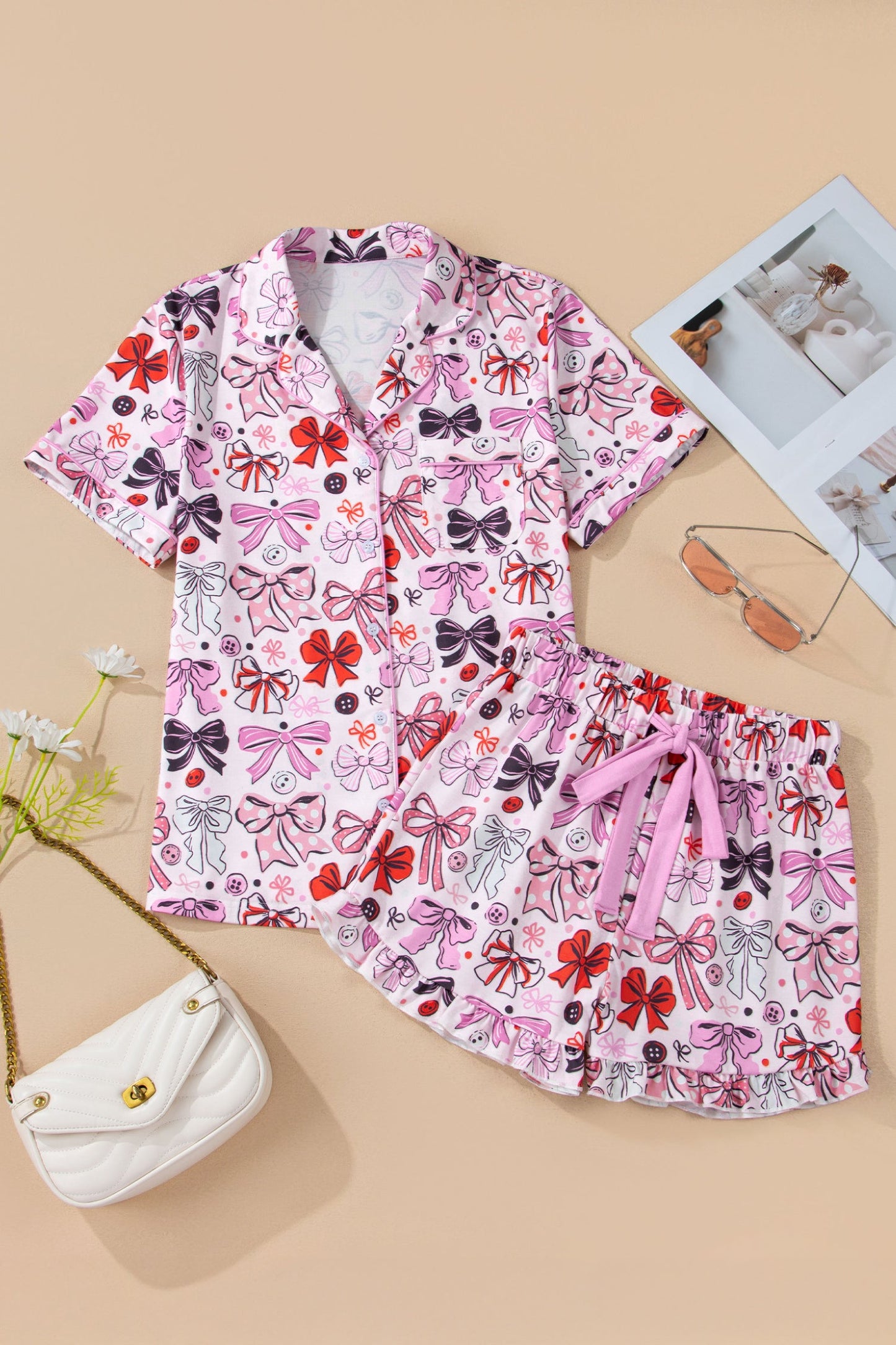 Polka Dot Bow Tie Shirt and Shorts Pajama Set
