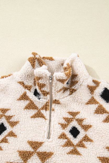 Western Aztec Sherpa Quarter-Zip Collared Sweatshirt