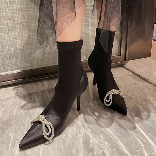 High Heel Rhinestone Sleeve Pointed Long And Short Black Boots