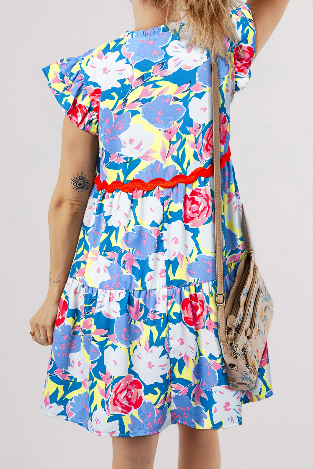 Floral V-Notch Ric-Rac Flutter Sleeve Dress