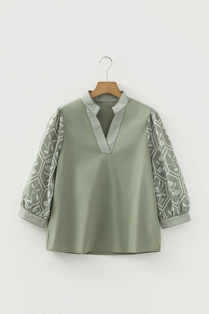Floral Puff Sleeve Contrast V-Neck Patchwork Blouse