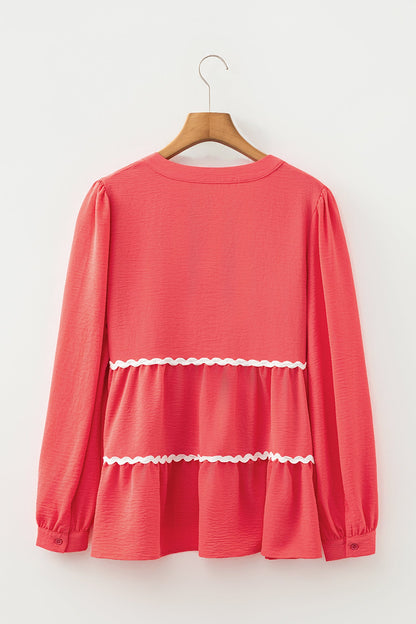 Contrast Ricrac Trim V-Neck Button Down Shirt