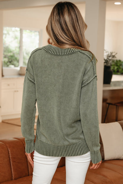 Mineral Wash Reverse Seam V-Neck Drop Shoulder Sweater