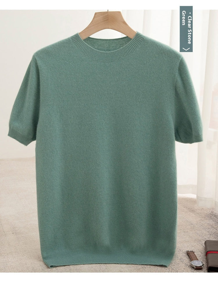 Knitted Short Sleeve Pure Wool Sweater Men's Round Neck
