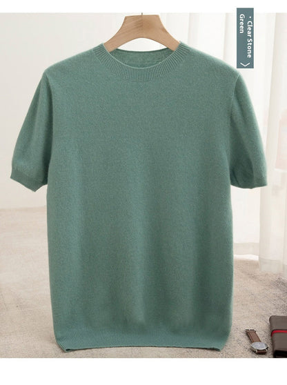 Knitted Short Sleeve Pure Wool Sweater Men's Round Neck