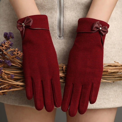 Fleece-Lined Suede Bow Touch Screen Gloves