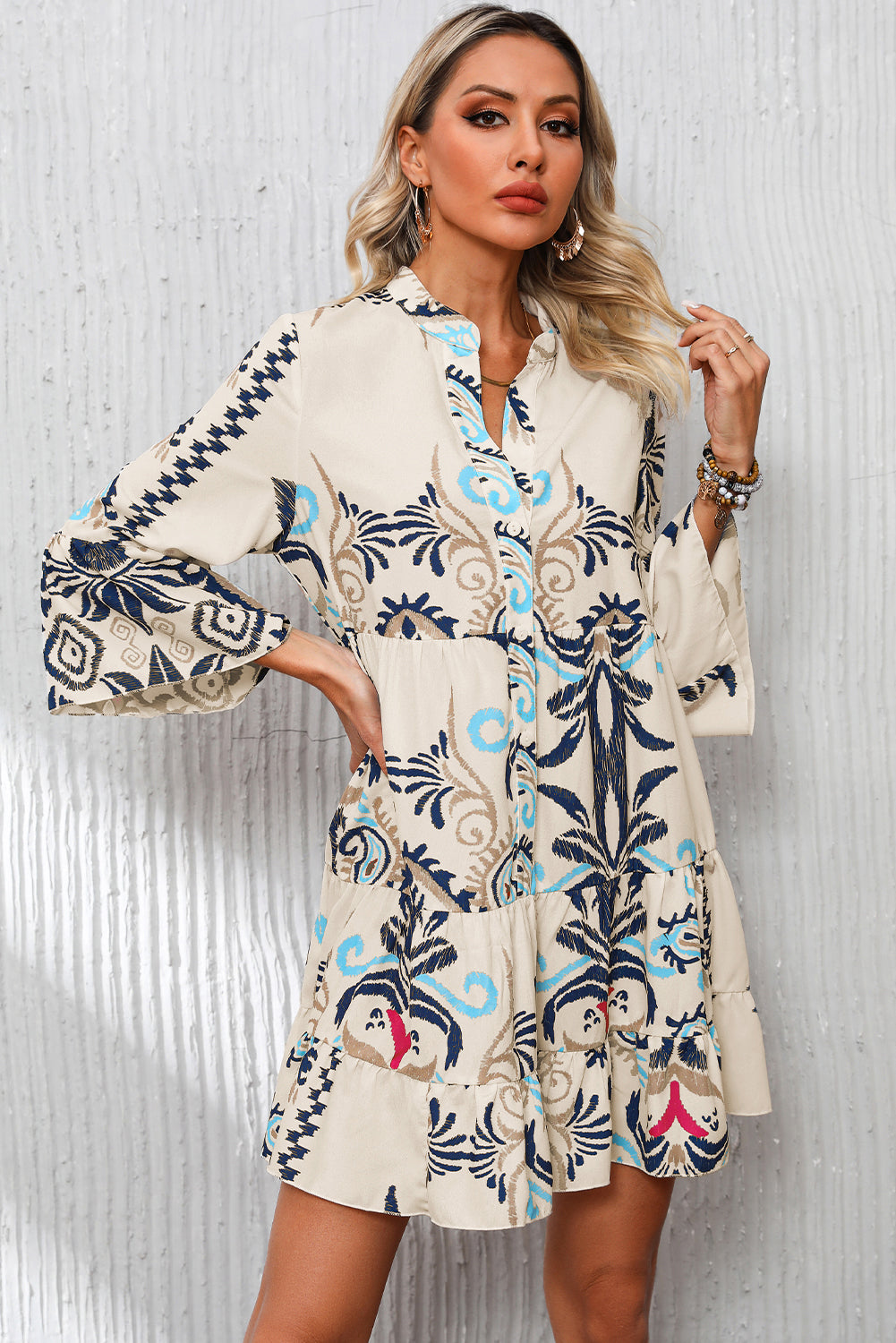 Tribal Bracelet Sleeve Button Mini Dress