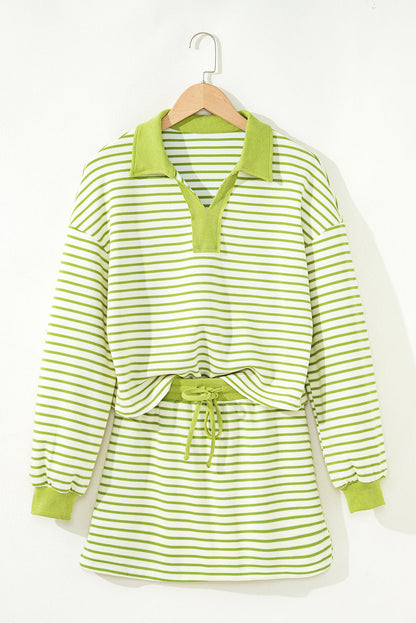 Stripe Collared V-Neck Pullover and Skort Set