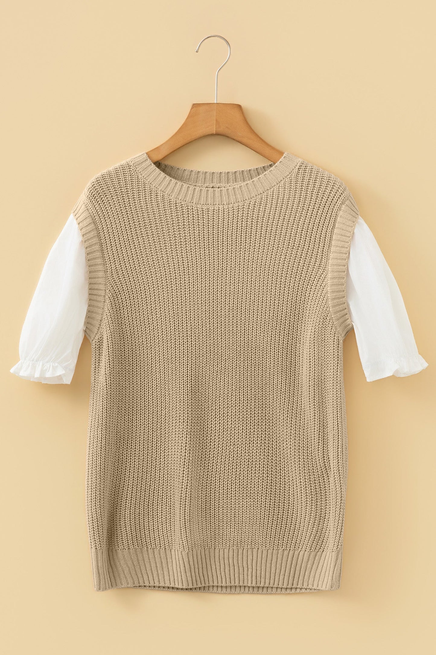 Round Neck Knit Contrast Short Sleeve Sweater