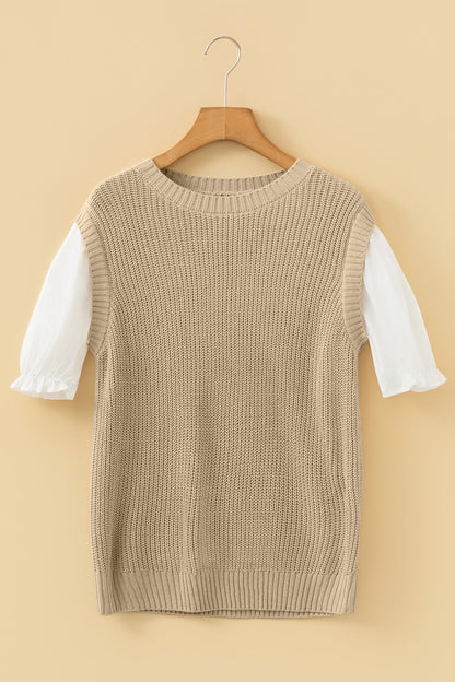 Round Neck Knit Contrast Short Sleeve Sweater