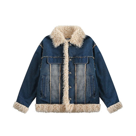 Blue Denim Fur Collar Coat Women's Retro Cotton