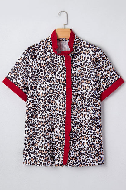 Leopard Contrast Frill V-Neck Trim Shirt