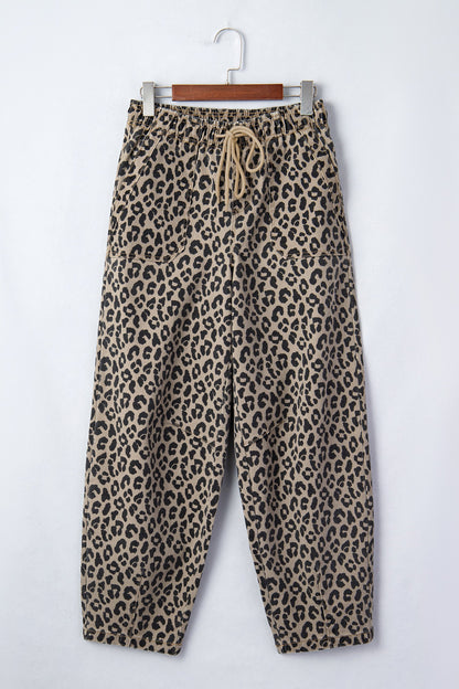 Leopard Drawstring Elastic Waist Loose Denim Pants