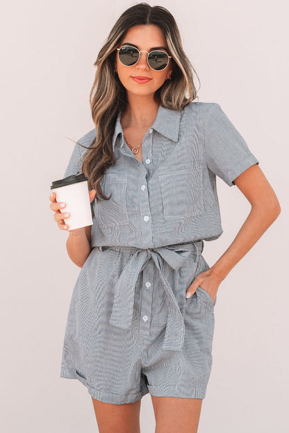 Stripe Chest Pockets Buttoned Belted High-Waist Romper