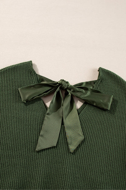 Bow Back Lantern Sleeve V-Neck Sweater