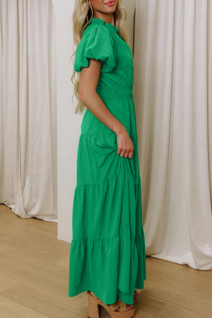 Solid V-Neck Short Puff Sleeve Tiered Maxi Dress