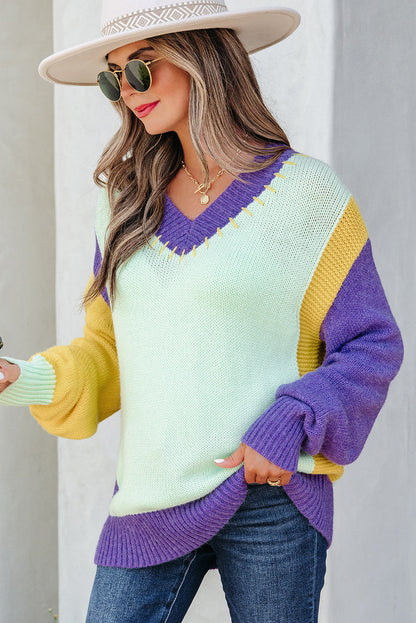 Color Block Stitched V-Neck Drop Shoulder Sweater