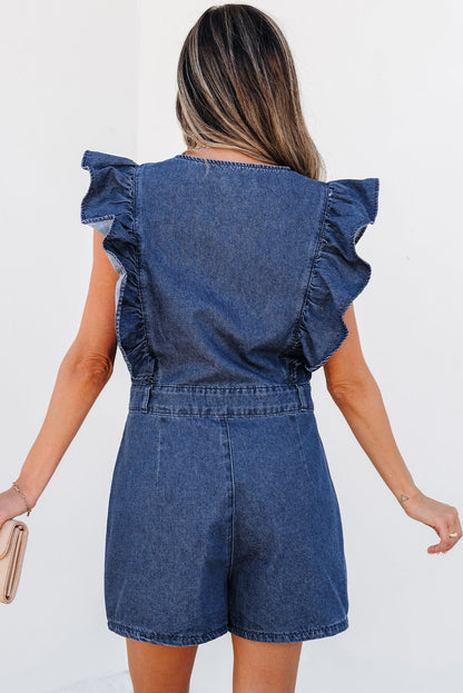 Denim Ruffle Zip Front Belted Romper
