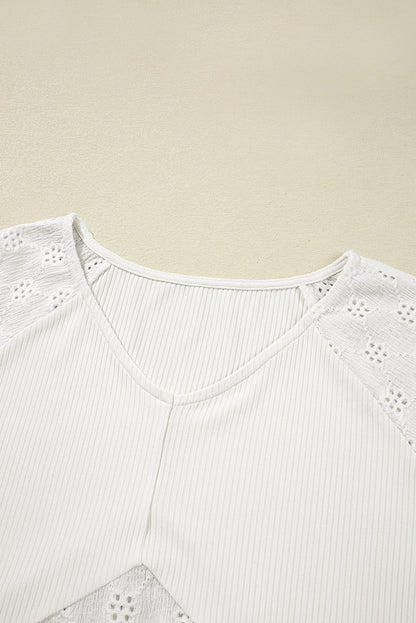 Corded Knit Patchwork Embroidered V-Neck Blouse