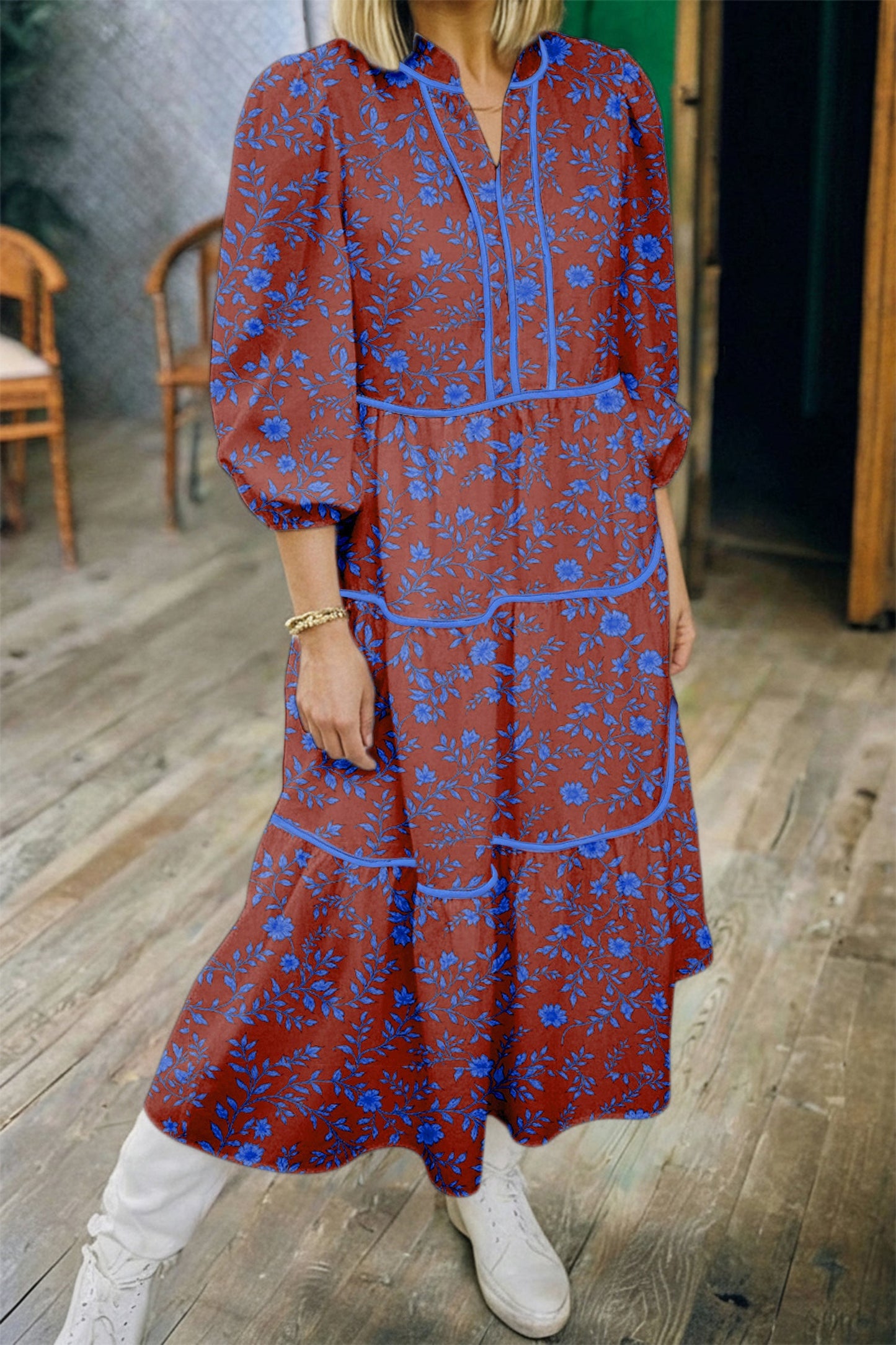 Floral Tiered Puff Sleeve Loose Dress