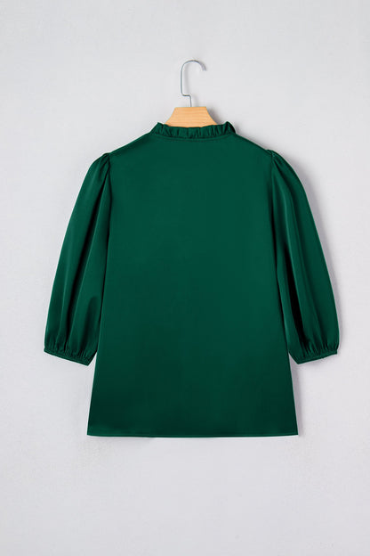 Solid Frilled Bow Tie V-Neck 3/4 Sleeve Blouse
