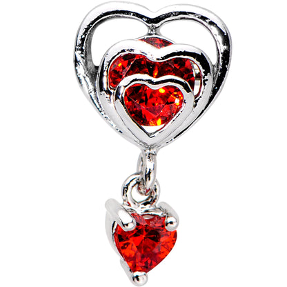 16G 1/4 Red CZ Gem Triple Heart Dangle Cartilage Tragus Earring