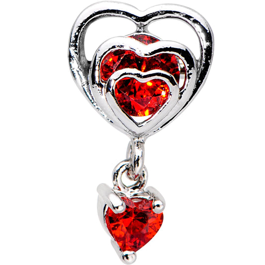 16G 1/4 Red CZ Gem Triple Heart Dangle Cartilage Tragus Earring