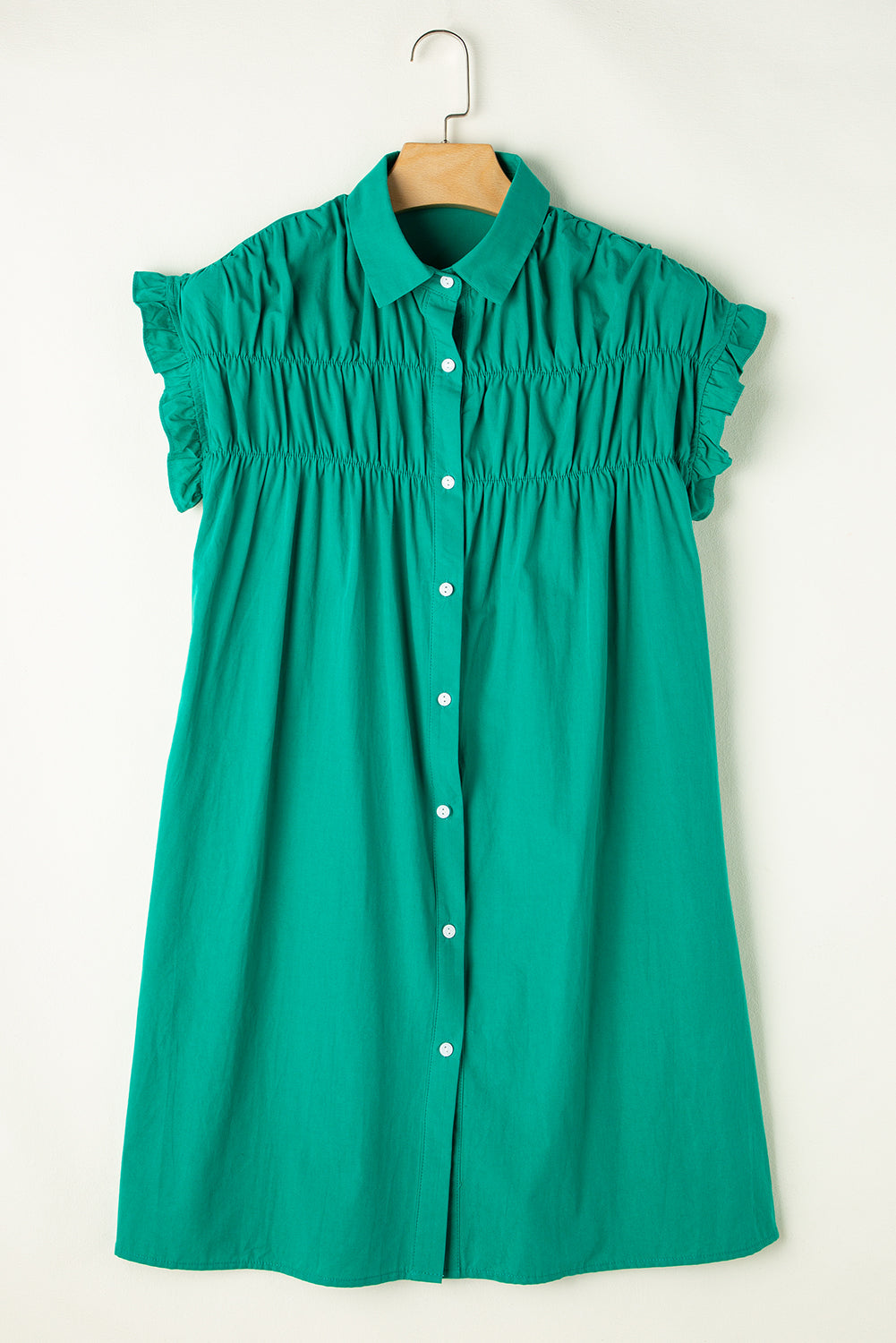 Shirred Ruffle Sleeve Button-Up Mini Dress