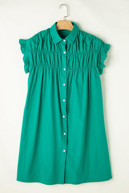 Shirred Ruffle Sleeve Button-Up Mini Dress