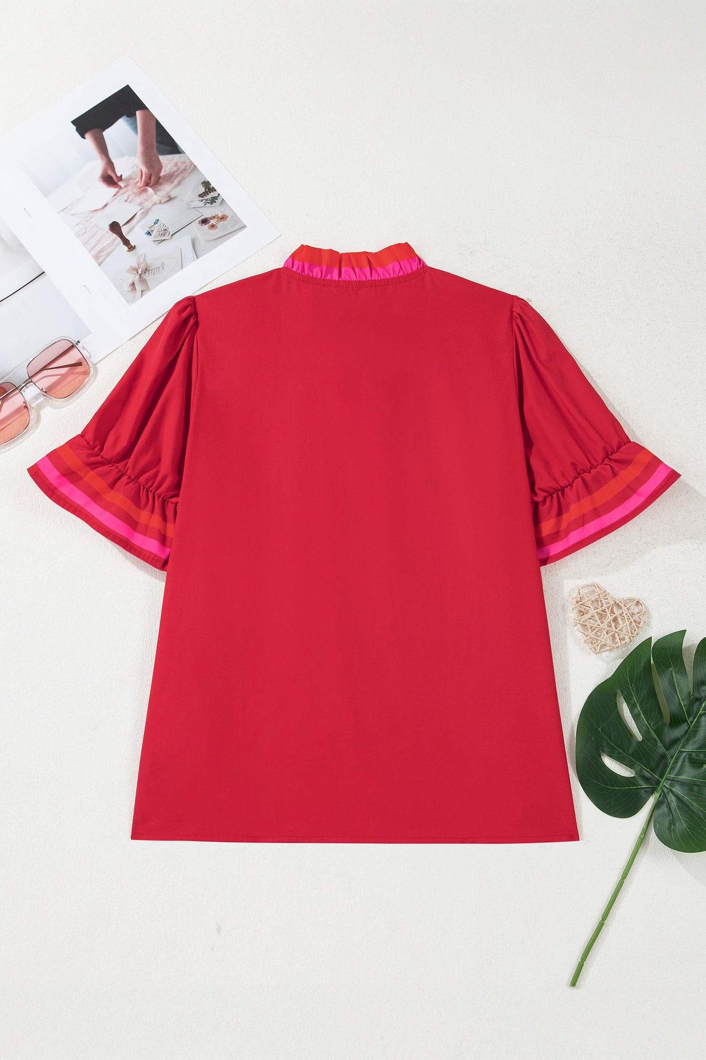 Stripe Frill Collar Ruffle Short Sleeve Blouse