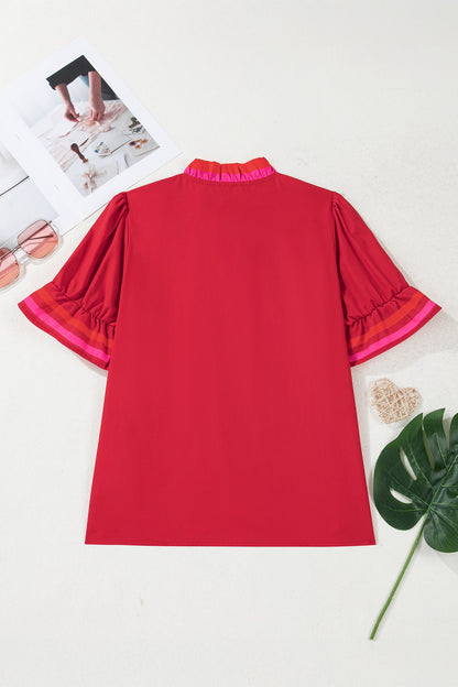 Stripe Frill Collar Ruffle Short Sleeve Blouse