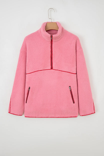 Sherpa Faux Leather Trim Half-Zip Pocketed Sweatshirt
