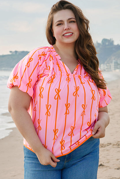 Plus Size Bowknot Shirred V-Neck Blouse