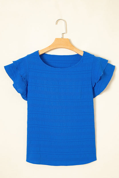 Textured Ruffled Sleeve Round Neck Top