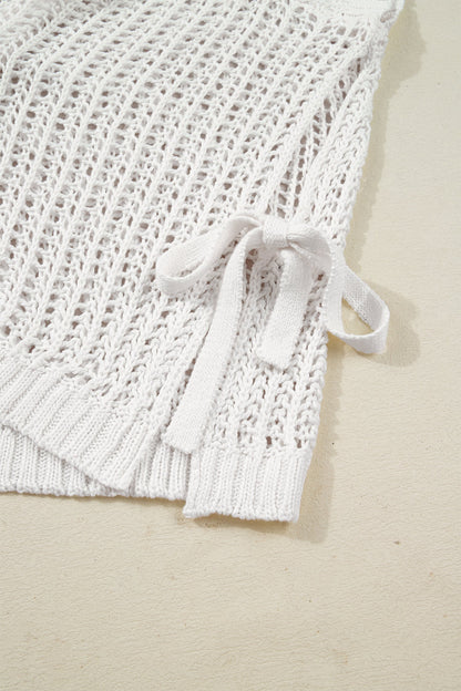 Plus Size Crochet Bow Tie Short Sleeve Sweater