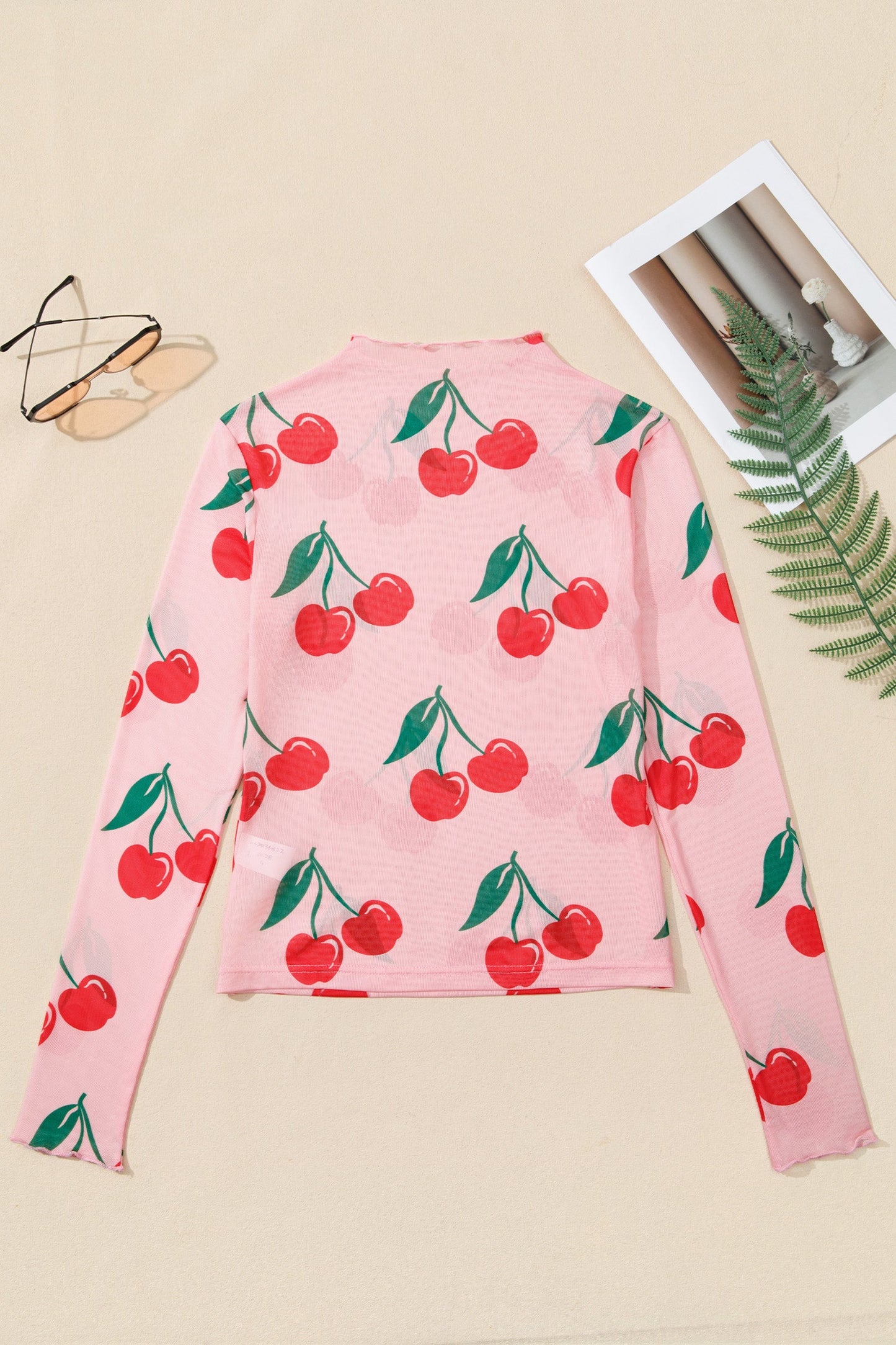Cherry Lettuce Trim Long Sleeve Mesh Top