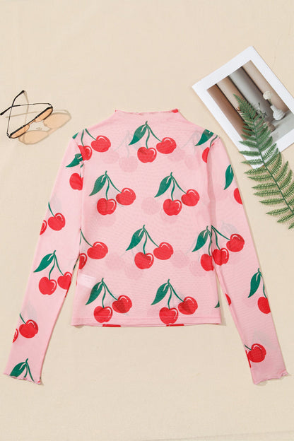 Cherry Lettuce Trim Long Sleeve Mesh Top