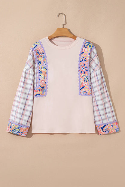Floral Plaid Patchwork Puff Sleeve Blouse