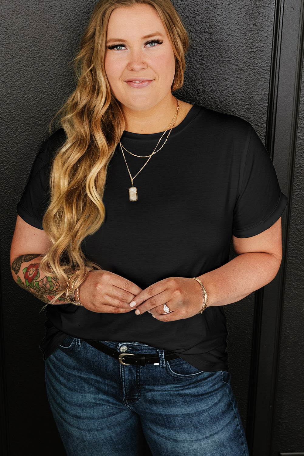 Plus Size Round Neck Roll Sleeve T-shirt