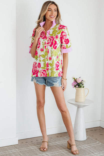 Stripe Trim Frill Collar Short Sleeve Shirt
