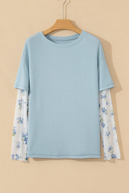 Floral Lace Patchwork Waffle Fake Two-Piece Top