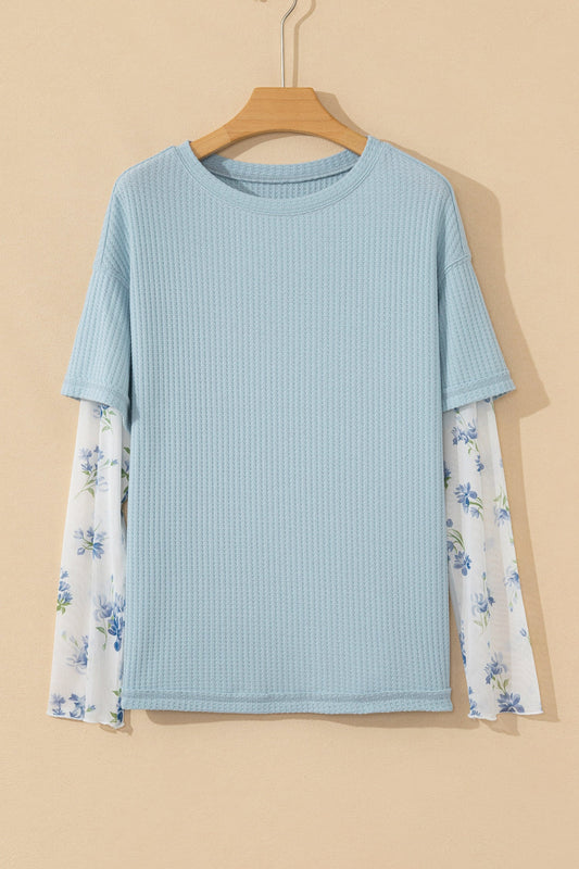 Floral Lace Patchwork Waffle Fake Two-Piece Top
