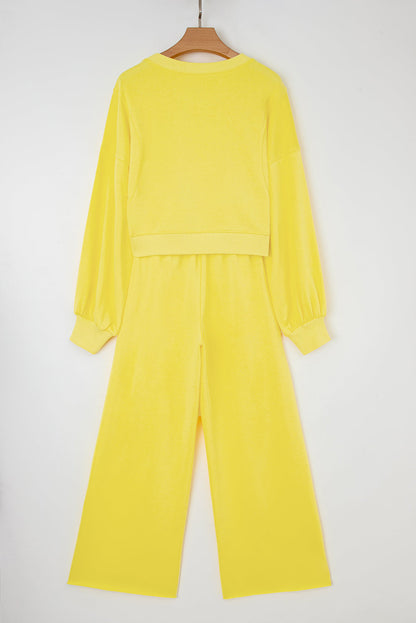 Solid Puff Sleeve Top and Drawstring Pants Set