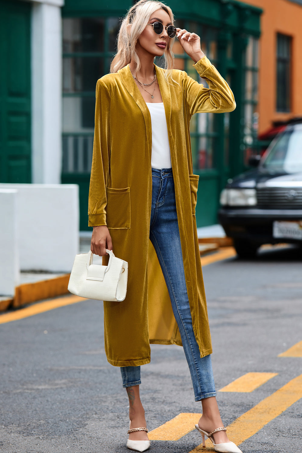 Velvet Open-Front Pocketed Cardigan