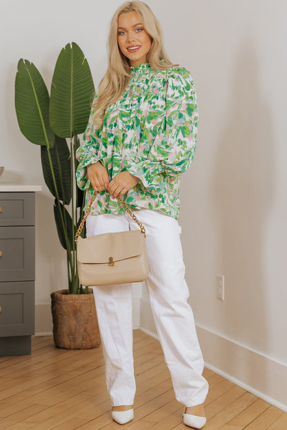 Leaf Flounce Sleeve Shirred Mock Neck Blouse