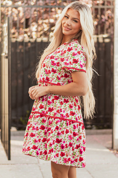 Floral Ricrac Puff Sleeve Pocketed Tiered Mini Dress