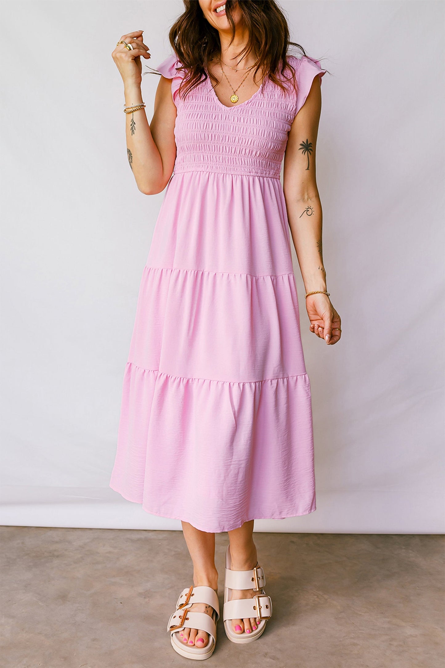 Smocked Bodice Flutter Sleeve Tiered Midi Dress