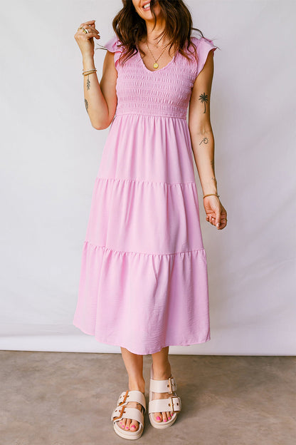 Smocked Bodice Flutter Sleeve Tiered Midi Dress