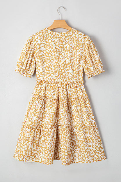 Floral V-Neck Short Sleeve Tiered Mini Dress