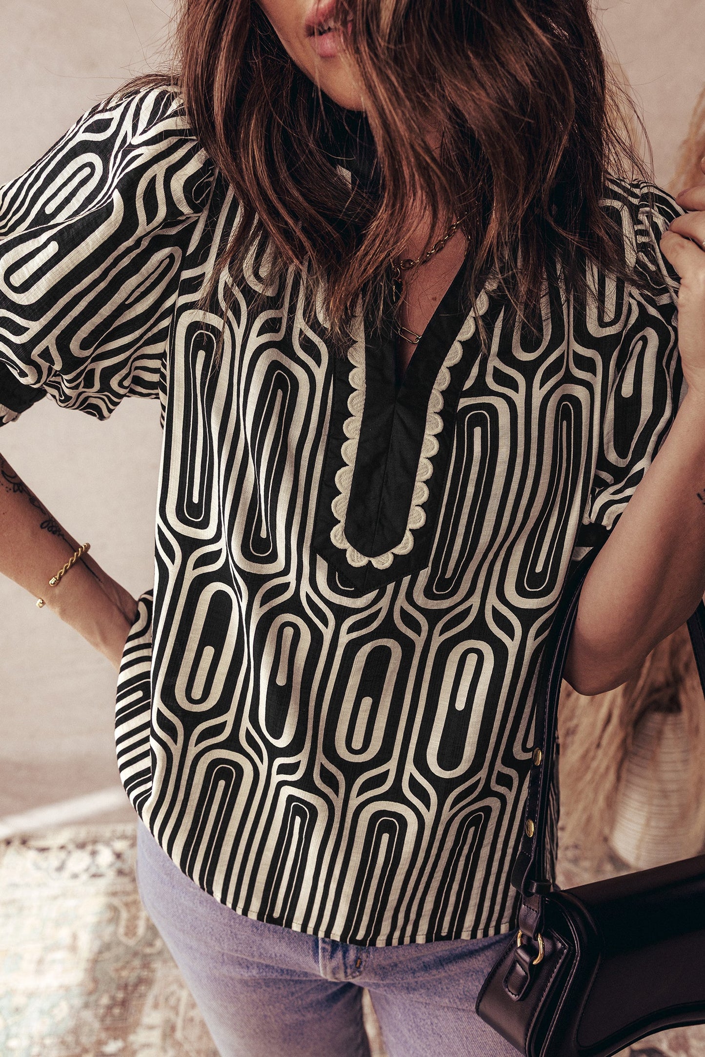 Geometric Scallop Colorblock Patchwork Blouse